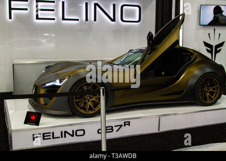 Edmonton, Alberta, Canada. 3ème apr 2019. Premier Salon de l'auto d'Edmonton- voiture voitures Felino annonce la Felino cB7r, l'un des 10 faits et fabriqués à Laval au Québec, Canada. Vendre au détail pour $365 000 $CAN, le FELINO cB7 est construit sur mesure, une voiture à la fois, selon les goûts et les demandes du client. Les voitures sont capables d'atteindre une vitesse de plus de 300 km/h. 2 de la cB7r sont déjà vendus et l'un d'eux avait déjà été livrés. Son modèle soeur le cB7 est plus léger et plus puissant. Credit : Ron Palmer/SOPA Images/ZUMA/Alamy Fil Live News Banque D'Images