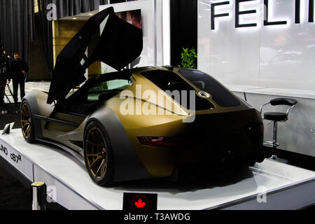 Edmonton, Alberta, Canada. 3ème apr 2019. Premier Salon de l'auto d'Edmonton- voiture voitures Felino annonce la Felino cB7r, l'un des 10 faits et fabriqués à Laval au Québec, Canada. Vendre au détail pour $365 000 $CAN, le FELINO cB7 est construit sur mesure, une voiture à la fois, selon les goûts et les demandes du client. Les voitures sont capables d'atteindre une vitesse de plus de 300 km/h. 2 de la cB7r sont déjà vendus et l'un d'eux avait déjà été livrés. Son modèle soeur le cB7 est plus léger et plus puissant. Credit : Ron Palmer/SOPA Images/ZUMA/Alamy Fil Live News Banque D'Images