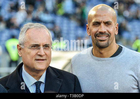 Rome, Italie. 07Th avr, 2019. Claudio Lotito propriétaire de SS Lazio et Juan Sebastian Veron SS Lazio ancien joueur pendant le match de Serie A entre le Latium et Sassuolo au Stadio Olimpico, Rome, Italie le 7 avril 2019. Photo par Giuseppe maffia. Credit : UK Sports Photos Ltd/Alamy Live News Banque D'Images