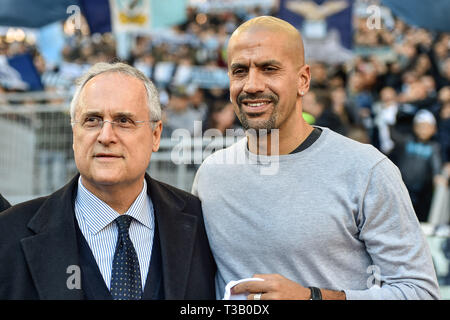 Rome, Italie. 07Th avr, 2019. Claudio Lotito propriétaire de SS Lazio et Juan Sebastian Veron SS Lazio ancien joueur pendant le match de Serie A entre le Latium et Sassuolo au Stadio Olimpico, Rome, Italie le 7 avril 2019. Photo par Giuseppe maffia. Credit : UK Sports Photos Ltd/Alamy Live News Banque D'Images