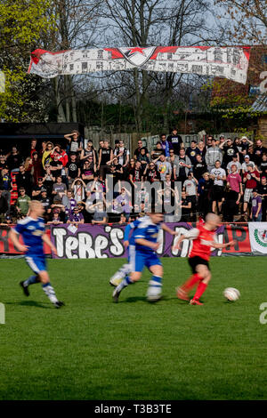 Leipzig, Allemagne. 07Th avr, 2019. Fans de Football Tennis Borussia Berlin (TeBe) et Roter Stern Leipzig sont regarder un match entre Roter Stern et le VfB Leipzig Zwenkau dans l'état classe à Dölitz Sportpark. Un groupe de fans de football, après des dépenses extrabudgétaires des divergences d'opinion avec TeBe président Redlich, sont actuellement en charge d'autres clubs et de visite sont fans de Roter Stern Leipzig. Credit : Christoph Soeder/dpa/Alamy Live News Banque D'Images