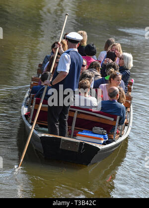 06 avril 2019, le Brandebourg, Lübbenau : touristes prendre une barge à travers une rivière dans le Spreewald. Environ 1 000 kilomètres de river run à travers le Spreewald dans le sud-est de Brandebourg. Photo : Patrick Pleul/dpa-Zentralbild/ZB Banque D'Images