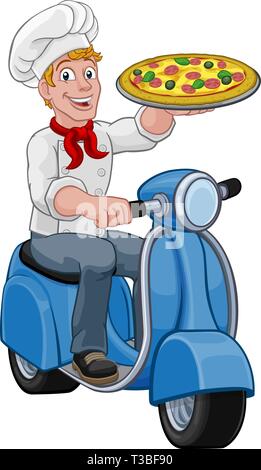 Livraison de pizza Chef cyclomoteur Scooter Homme Dessin Animé Illustration de Vecteur