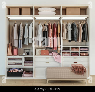 Armoire en bois moderne avec des femmes vêtements accroché sur rail en promenade dans le placard design intérieur, rendu 3D Banque D'Images