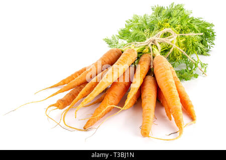 Beaucoup de frais cru entier carotte orange avec des greens liées par le jute isolé sur fond blanc Banque D'Images