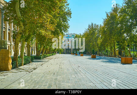 La grande allée verte de Bagh-e Melli garden - l'ancienne place d'armes, bordée de sycomores luxuriants, Téhéran, Iran. Banque D'Images