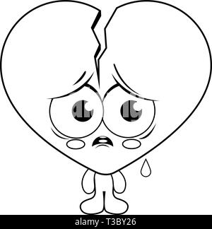 Personnage de cœur brisé de dessin animé. Dessin animé drôle de coeur de Saint-Valentin. Triste coeur de dessin animé. Page de coloriage noir et blanc vectoriel. Illustration de Vecteur