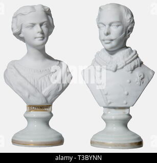 J Kaiser Franz Joseph et l'Impératrice Elisabeth d'Autriche, une paire de bustes en biscuit de porcelaine de Vienne, du ' Manufacture(1)855' et '(1)854'. L'empereur en uniforme avec des commandes, l'impératrice dans une robe avec une cape de fourrure. Les bases sont à la fois ronde vitrée, avec nom d'inscriptions (l'un de l'empereur complètement frotté) et golden rim (partiellement frotté). Imprimé sur le fond avec écusson autrichien coupé de marques, annonces '855' et '854' ainsi que le nombre '36' et '35'. 13.4 et 13.2 cm de hauteur. Rare et au début de bustes de la nouvelle mariée, j'Additional-Rights Clearance-Info-Not-Available- Banque D'Images