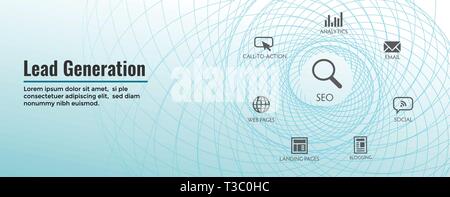 Le plomb Génération Web bannière d'en-tête : attirer des câbles pour le public cible pour augmenter la croissance des revenus et des ventes Illustration de Vecteur
