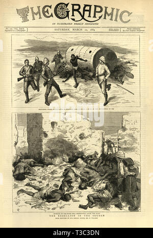 Première page du journal illustré Graphique pour Mars 22nd, 1884. Arabes de la plaie sur le champ de bataille de Teb. Intérieur de l'Suger mall immédiatement après le combat. Guerre mahdistes Banque D'Images