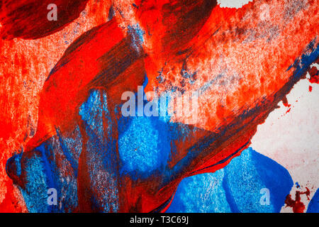 Résumé rouge et bleu fond acrylique, peint à la main peint main creative abstract colorful background, Close up fragment d'une peinture acrylique sur pa Banque D'Images