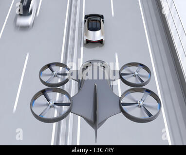 Les conducteurs de taxi de drones survolant une voiture électrique autonome de la conduite sur l'autoroute. MaaS concept. Le rendu 3D image. Banque D'Images