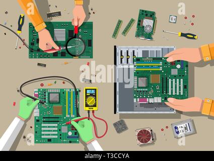 Composants pour ordinateur personnel. Service, reprise, garantie, fixation. L'assemblage de PC. Matériel informatique. Vector illustration style de télévision Illustration de Vecteur