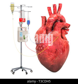 Système de thérapie intraveineuse avec coeur humain. Traitement des maladies du coeur, rendu 3D concept isolé sur fond blanc Banque D'Images