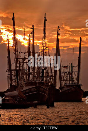Le soleil se couche derrière bateaux de crevettes à Bayou La Batre, Alabama, le 18 juin 2010. Banque D'Images