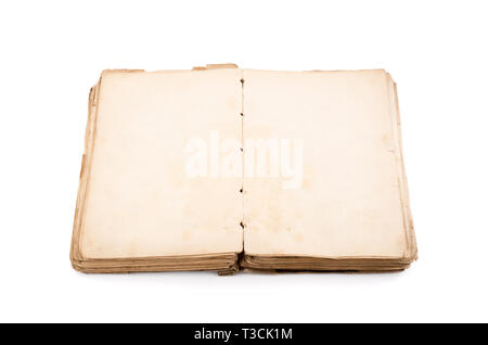 Vieux livre ouvert avec les pages vitrail jaune blanc isolé sur fond blanc avec clipping path Banque D'Images