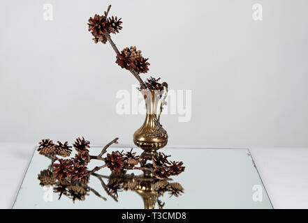 Une branche avec des pommes de pin dans un vase debout sur un miroir Banque D'Images