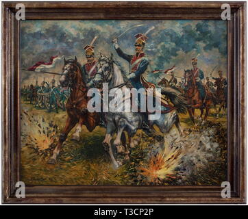 Ruszczinski, attaque de la Légion Polonaise Lancers Huile sur toile, dimensions de la photo 79 x 100 cm, signé en bas à gauche 'Ruszczinski 80', encadré. Représentation dynamique d'attaquer lancers pendant les guerres napoléoniennes, sur la gauche de la batterie de l'artillerie française, dans l'avant-plan des impacts de grenades. La lumière de Cavalerie Polonaise pour lutter contre les troupes françaises de Napoléon a impressionné beaucoup en raison de leur bravoure, historique historique., personnes, 19e siècle, Peinture, peintures, beaux-arts, art, illustration, homme, hommes, homme,-Additional-Rights Clearance-Info-Not-Available Banque D'Images