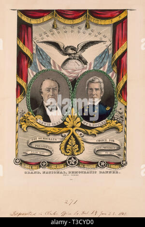 Grand, national et démocratique, appuyez sur la bannière, Bannière de la campagne pour les candidats démocrates à l'élection présidentielle américaine de 1848, Lewis Cass et vice-Candidat William O. Butler, lithographie, Nathaniel Currier, 1848 Banque D'Images