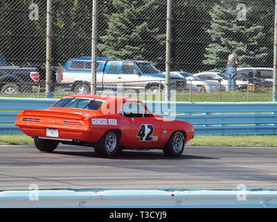 Camaro 1969 Voiture de course Trans-Am à Watkins Glen lors de courses course vintage rassemblement dans l'automne. Numéro 42 est vu entrer premier tour. Banque D'Images