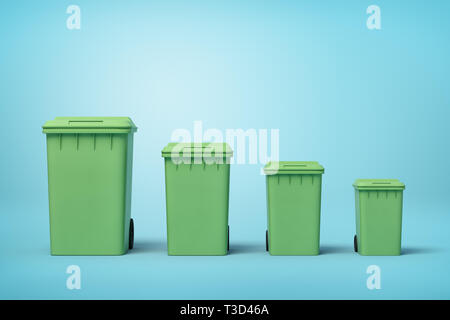 Le rendu 3D de quatre poubelles vert dans une rangée en fonction de la taille de la plus grande à la plus petite, sur fond bleu. Banque D'Images