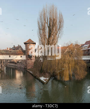 Le célèbre vin ancien Depot (Weinstadel) et château d'eau (Wasserturm) sur la rivière Pegnitz vu de Maxbrücke - Nuremberg Allemagne Banque D'Images