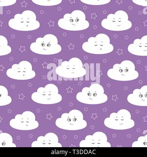 Vector illustration parfaite de bébé modèle. Les enfants avec motif transparent mignon nuages, étoiles sur fond violet. Illustration de Vecteur