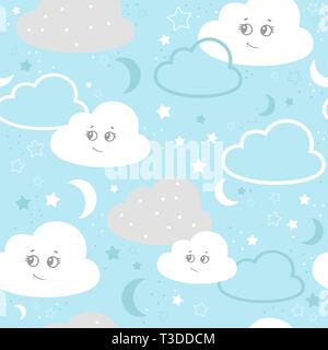 Vector illustration parfaite de bébé modèle. Les enfants avec motif transparent mignon nuages, étoiles sur un fond bleu. Illustration de Vecteur