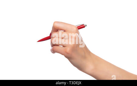 Femme main tenant une plume sur fond blanc. Banque D'Images