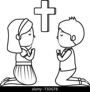 Les petits enfants à genoux avec croix de première communion Illustration de Vecteur