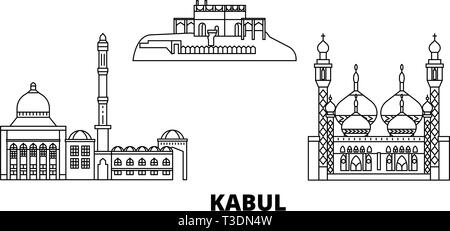 L'Afghanistan, Kaboul skyline voyages en ligne. L'Afghanistan, Kaboul contours city vector illustration, symbole de voyage, sites touristiques, monuments. Illustration de Vecteur