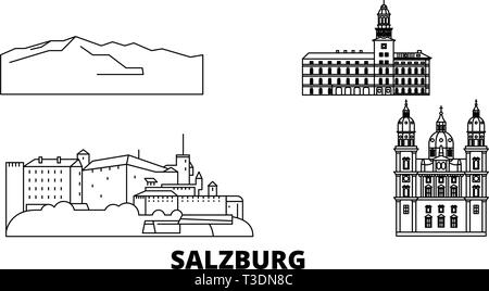 L'Autriche, Salzbourg voyage ligne jeu skyline. L'Autriche, Salzbourg ville contour vector illustration, symbole de voyage, sites touristiques, monuments. Illustration de Vecteur