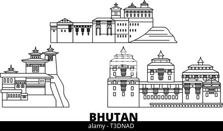 Ligne d'horizon voyage Bhoutan. Bhoutan contours city vector illustration, symbole de voyage, sites touristiques, monuments. Illustration de Vecteur