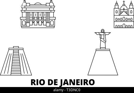 Brésil, Rio de Janeiro skyline voyages en ligne. Brésil, Rio de Janeiro ville contour vector illustration, symbole de voyage, sites touristiques, monuments. Illustration de Vecteur