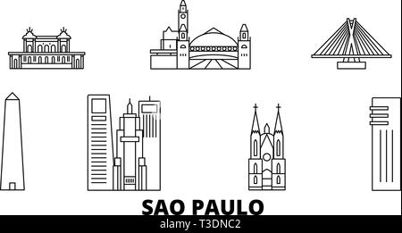 Brésil, Sao Paulo skyline voyages en ligne. Brésil, Sao Paulo ville contour vector illustration, symbole de voyage, sites touristiques, monuments. Illustration de Vecteur