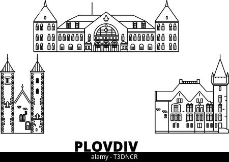 La Bulgarie, Plovdiv ligne skyline set. La Bulgarie, Plovdiv contours city vector illustration, symbole de voyage, sites touristiques, monuments. Illustration de Vecteur