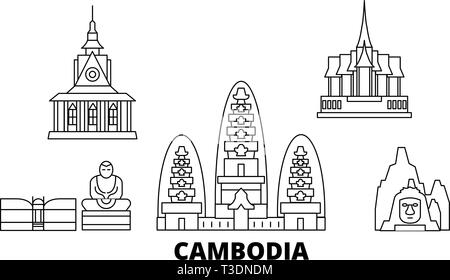 Cambodge voyage en ligne jeu skyline. Cambodge contours city vector illustration, symbole de voyage, sites touristiques, monuments. Illustration de Vecteur