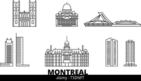 Canada, de voyages en ligne de Montréal. skyline Canada Montréal, ville contour vector illustration, symbole de voyage, sites touristiques, monuments. Illustration de Vecteur