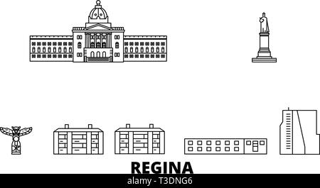 Voyages en ligne du Canada, Regina skyline set. Canada, Regina contours city vector illustration, symbole de voyage, sites touristiques, monuments. Illustration de Vecteur