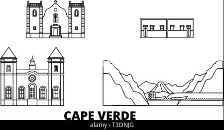 Ligne d'horizon du Cap Vert voyage ensemble. Cap-vert contours city vector illustration, symbole de voyage, sites touristiques, monuments. Illustration de Vecteur