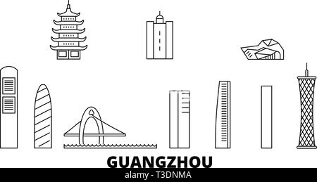 La Chine, Guangzhou City skyline voyages en ligne. La Chine, la ville de Guangzhou contours city vector illustration, symbole de voyage, sites touristiques, monuments. Illustration de Vecteur