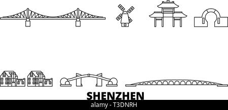 Chine, Shanghai skyline voyages en ligne. La Chine, Shenzhen ville contour vector illustration, symbole de voyage, sites touristiques, monuments. Illustration de Vecteur