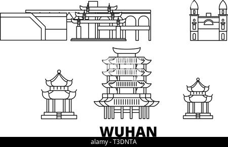 Chine, Shanghai skyline voyages en ligne. La Chine, Wuhan City contour vector illustration, symbole de voyage, sites touristiques, monuments. Illustration de Vecteur