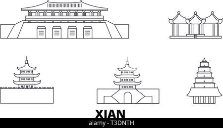 La Chine, Xian voyage ligne jeu skyline. La Chine, Xian contours city vector illustration, symbole de voyage, sites touristiques, monuments. Illustration de Vecteur