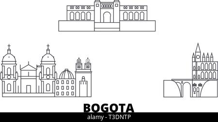La COLOMBIE, Bogota skyline voyages en ligne. La COLOMBIE, Bogota contours city vector illustration, symbole de voyage, sites touristiques, monuments. Illustration de Vecteur