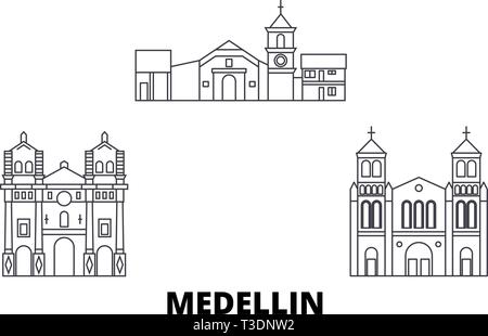 La Colombie, Medellin skyline voyages en ligne. La Colombie, Medellin contours city vector illustration, symbole de voyage, sites touristiques, monuments. Illustration de Vecteur