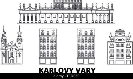 République tchèque, Karlovy Vary skyline voyages en ligne. République tchèque, Karlovy Vary ville contour vector illustration, symbole de voyage, sites touristiques, monuments. Illustration de Vecteur