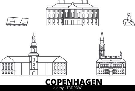 Danemark, copenhague voyage ligne jeu skyline. Danemark, copenhague contours city vector illustration, symbole de voyage, sites touristiques, monuments. Illustration de Vecteur