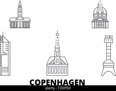 Danemark, copenhague City skyline voyages en ligne. Danemark, copenhague Ville Ville contour vector illustration, symbole de voyage, sites touristiques, monuments. Illustration de Vecteur