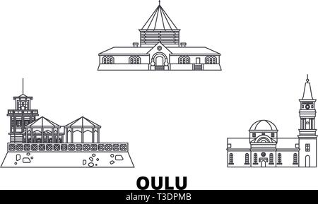 La Finlande, Oulu voyage ligne jeu skyline. La Finlande, Oulu contours city vector illustration, symbole de voyage, sites touristiques, monuments. Illustration de Vecteur